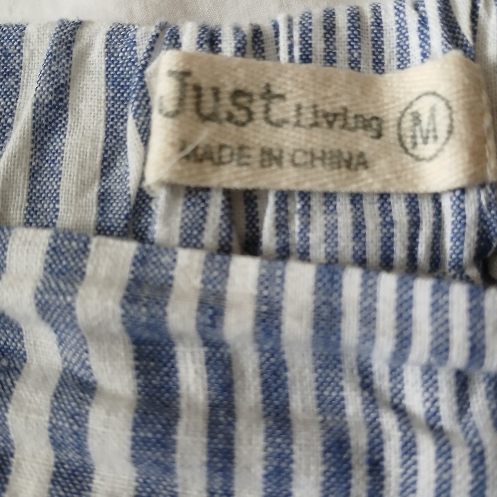 Striped Blue White Wiide Leg, 55% Linen 45% Cotton Elastic Waist Pants - Picture 10 of 10